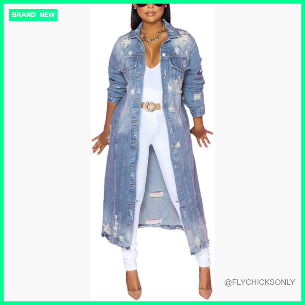 Ripped Holes Maxi Long Denim Jacket Trench Coat